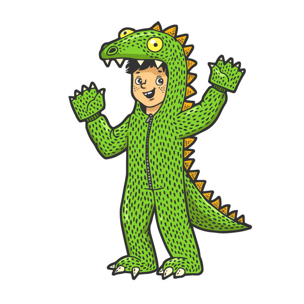 男孩装扮成恐龙素描图片下载