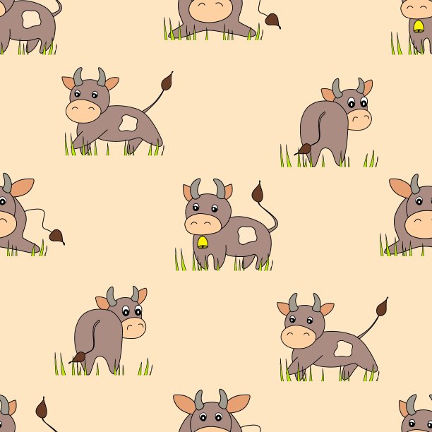 无缝图案与可爱的公牛在米色背景。矢量平面动物彩色插图的孩子。可爱的卡通人物。设计为卡片，海报，织物，纺织品。图片下载
