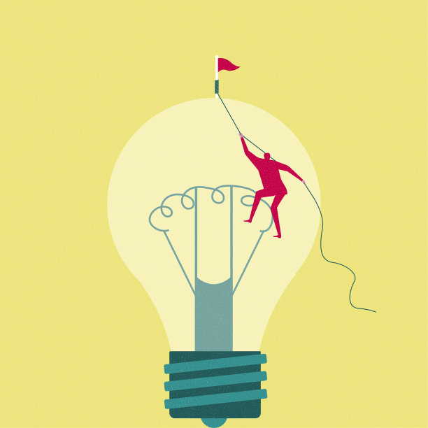 一个男人爬上了灯泡，背景是黄色的。图片下载