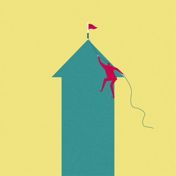 一个男人爬上了黄色背景的箭头符号。图片下载