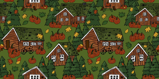 加拿大和斯堪的纳维亚的橙棕色木屋，屋顶上有草，白色的窗户和圣诞树，在万圣节用南瓜、蜘蛛网和蜘蛛矢量手写无缝重复图案图片下载