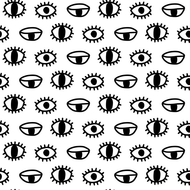 睁开眼睛与睫毛手绘无缝图案在卡通涂鸦风格图片下载