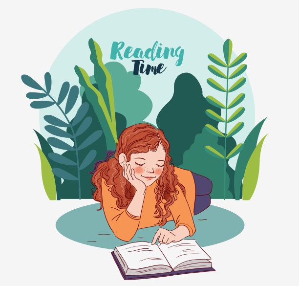 在花园里读书的可爱女孩，自然风光背景，夏季假期插画图片下载