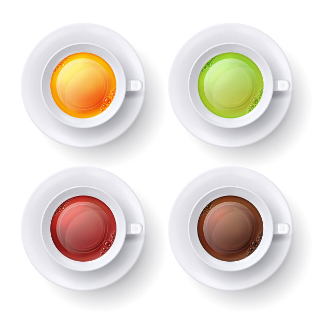 茶杯俯视图。绿色，黑色和黄色的草药茶在白色的杯子。孤立的矢量图图片下载