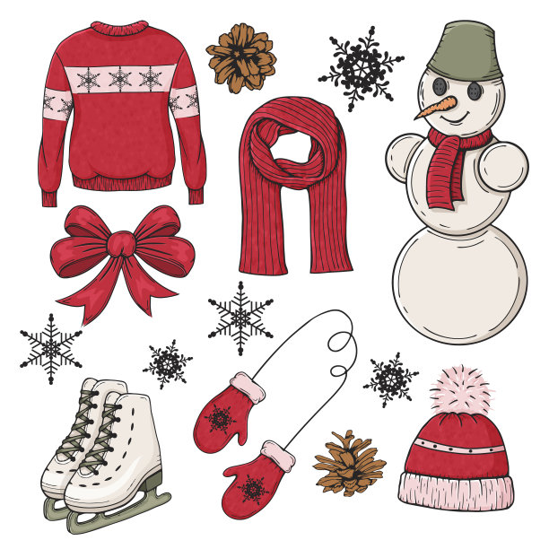 一套彩色手绘冬季元素。传统的穿戴和配饰。矢量插图。孤立在白色的。对象用于包装、广告、菜单。图片下载