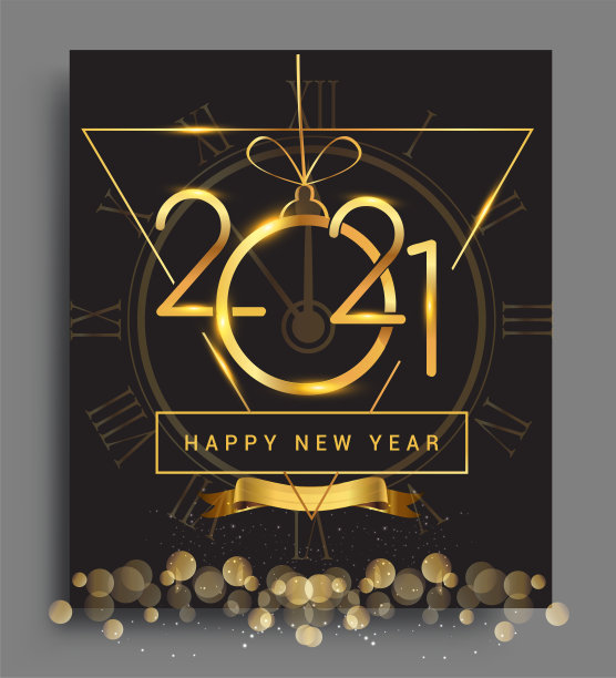新年快乐2021 -新年闪烁着金色的时钟和闪闪发光的背景。图片下载