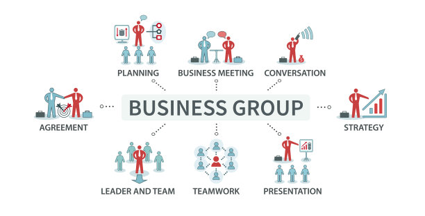 一组矢量插图，一组图标，一种风格的微型信息图，商业，金融和营销。网站策划、商务会议、谈判、策略、演示和团队合作。业务旗帜。图片下载