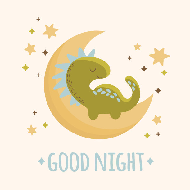 恐龙宝宝月亮卡通手绘矢量插图打印图片下载