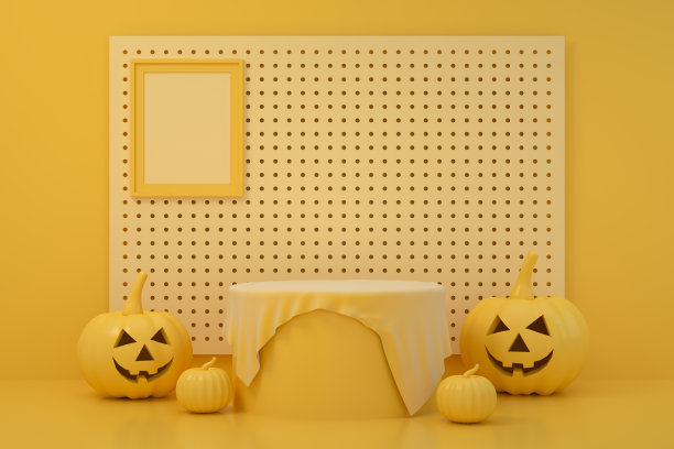 3D南瓜万圣节与幽灵的脸，杰克O'灯笼，黄色的背景图片下载