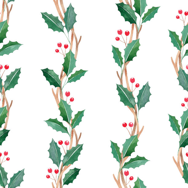 水彩圣诞无缝图案与红色浆果在白色的背景，水彩新年图片下载