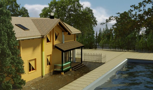 一个黄色的房子有很多树和游泳池的3d渲染插图图片下载