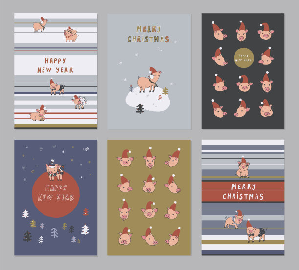 冬季圣诞猪动物手绘矢量打印明信片套装。图片下载