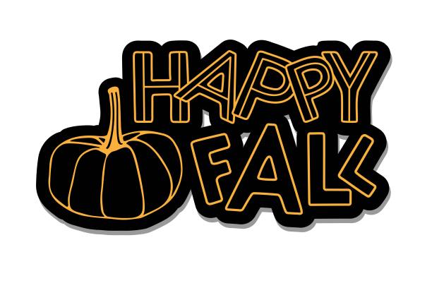 快乐的秋天。黑色贴纸与秋天的字母和南瓜。手绘字体和装饰元素。设计万圣节的邀请，派对装饰与手绘南瓜和手写文字图片下载