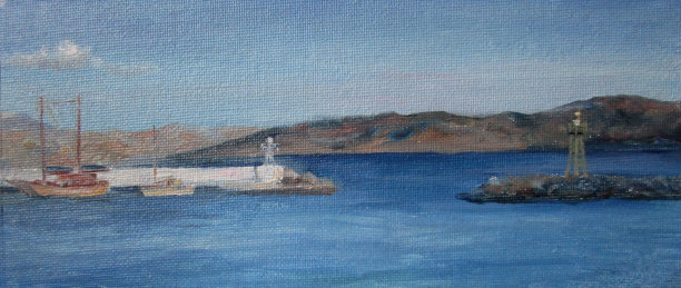 克里特岛风景与山脉和蓝色的海洋，油画图片下载