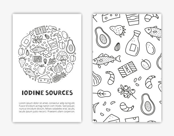 卡片模板用字母和涂鸦勾勒出碘食物来源。图片下载