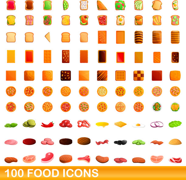 100个食物图标设置卡通风格图片下载