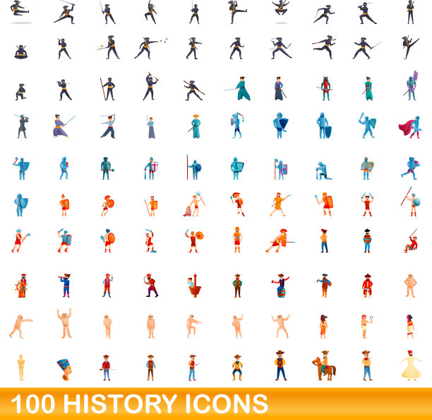 100个历史图标设置卡通风格图片下载