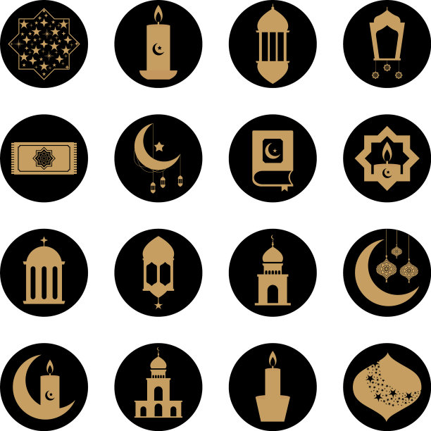 祈祷地毯和斋月图标设置方块线条风格图片下载