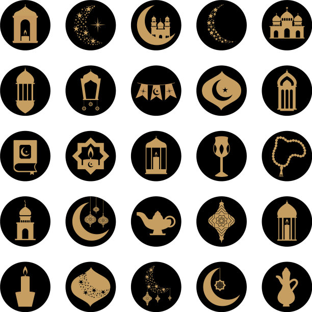 清真寺和eid穆巴拉克的图标设置块风格图片下载