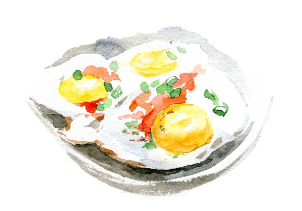 煎蛋和西红柿在盘子里。水彩插图上的白色背景。图片下载