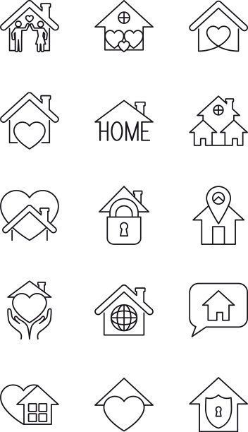 挂锁和呆在家里的图标设置线条风格图片下载