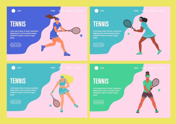 一个年轻女子在打网球。设置网站首页登陆网页模板。一个扁平字符。矢量插图。图片下载