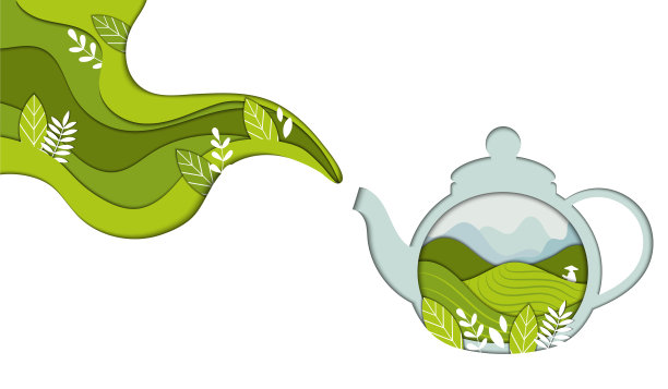 健康草药和绿茶概念。透明茶壶或壶，小绿叶收集在茶园释放香气蒸汽。平面风格矢量插图孤立在白色背景图片下载