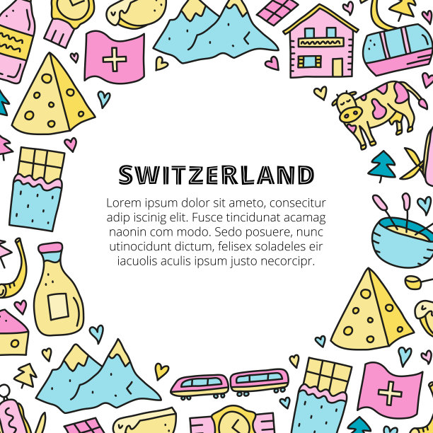 海报与涂鸦瑞士旅游图标和文字。图片下载
