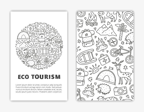 卡片模板与字母和涂鸦生态旅游图标。图片下载