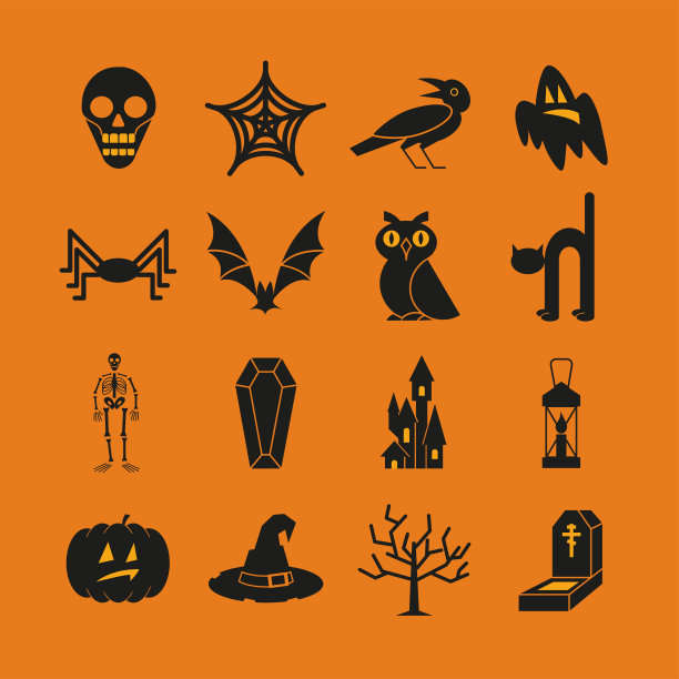 万圣节的黑色图标设置在橙色的背景。矢量图图片下载