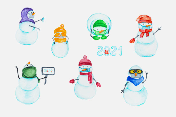 一套手绘水彩雪人的面具。图片下载