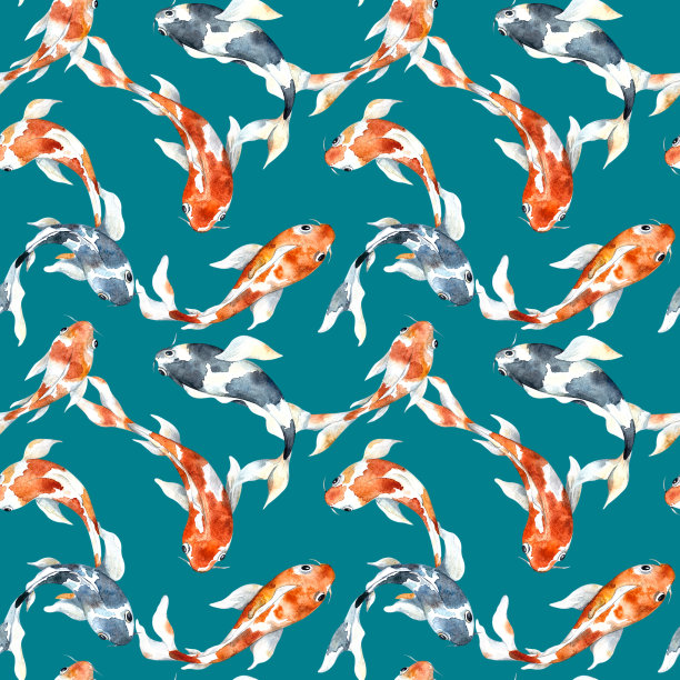无缝水彩图案与锦鲤在一个彩色的背景图片下载