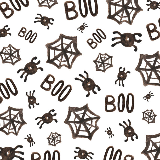 万圣节巧克力元素（蜘蛛、蜘蛛网、Boo）水彩无缝图案。手绘白色节日背景，用于包装、派对装饰、季节性邀请或剪贴簿图片下载