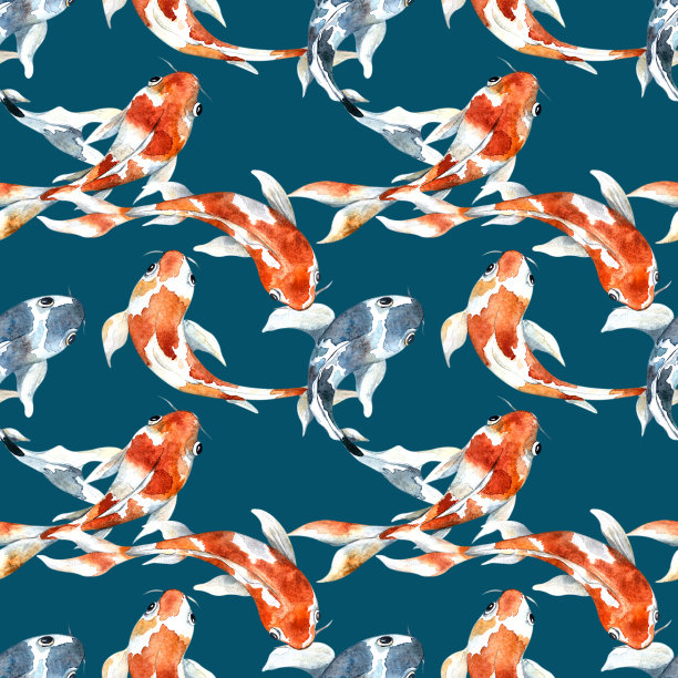 无缝水彩图案与锦鲤在一个彩色的背景图片下载