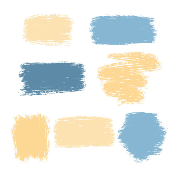 水彩笔触设置在黄色和蓝色的颜色，孤立的元素在白色的背景图片下载