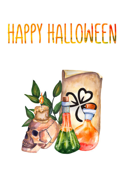 水彩万圣节卡片:魔法药水，骷髅，蜡烛，咒语卷轴，树叶图片下载