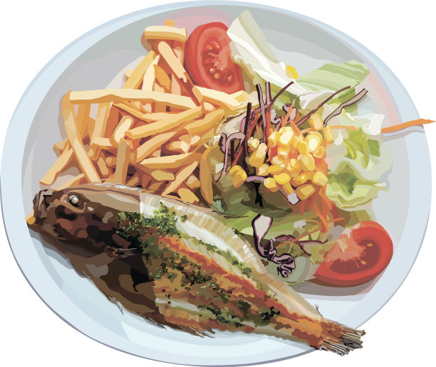 炸鱼配薯条和沙拉在盘子里图片下载