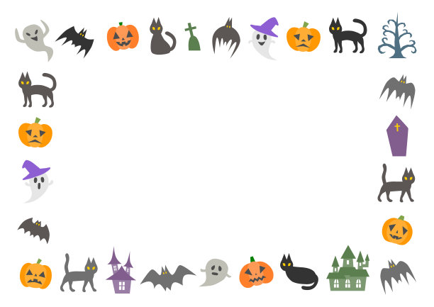 矢量插图的万圣节。南瓜，幽灵，蝙蝠，黑猫。装饰框。图片下载