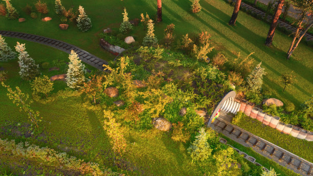 鸟瞰图的儿童在公园的铁路在黎明。图片下载