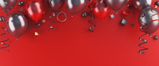 黑色星期五的促销背景装饰有热气球，红色的五彩纸屑，复制空间文本，横幅，模板，3D渲染插图。图片下载