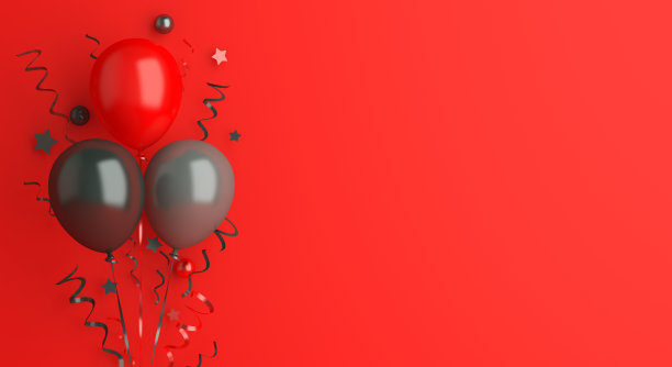 黑色星期五的促销背景装饰有热气球，红色的五彩纸屑，复制空间文本，横幅，模板，3D渲染插图。图片下载