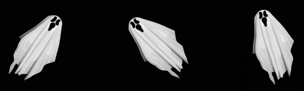 万圣节旗帜。白色的鬼魂是由在黑色背景上飞行的毯子制成的。万圣节装饰。图片下载