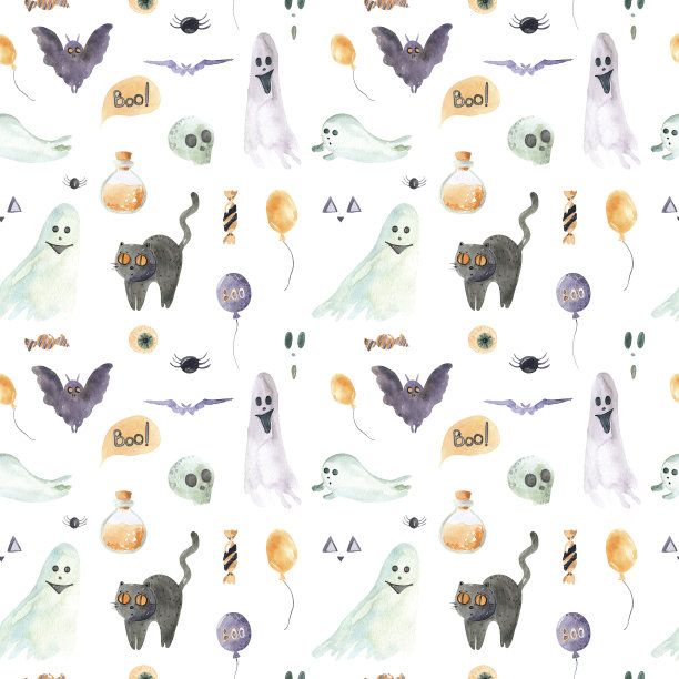 无缝图案的快乐万圣节在一个白色的背景。水彩手绘卡通元素图片下载