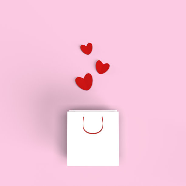 白色纸袋购物与红色的心在粉红色的背景。三维演示图片下载