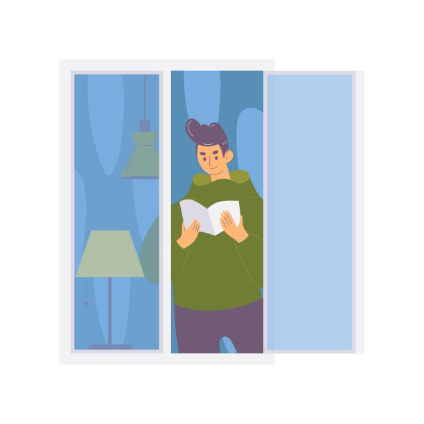 一个年轻人在打开的窗户里看书。带有内部元素的矢量概念角色设计。图片下载