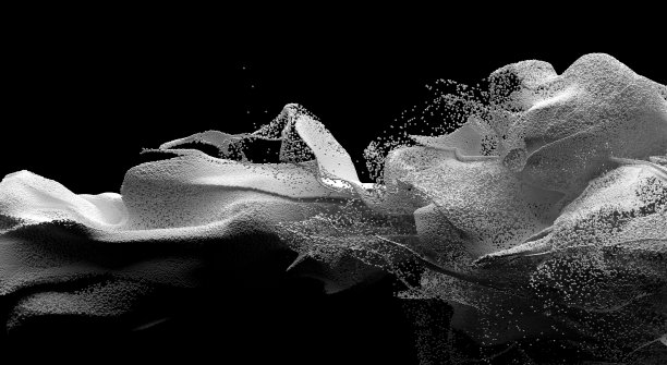 三维渲染抽象的黑白单色3d背景与部分超现实的烟状流体云曲线波形的生物形式基于小球、沙尘颗粒图片下载