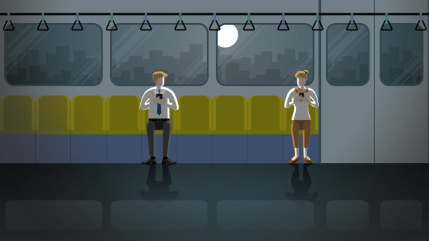 男人和女人在火车上的一见钟情公共交通在夜晚的黑暗和满月的光。孤独的人在城市生活。构思插画矢量概念浪漫场景。图片下载