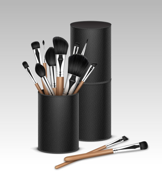 向量组黑色清洁专业化妆遮瑕膏粉腮红眼影眉刷与木制把手在黑色皮革管隔离在白色背景图片下载