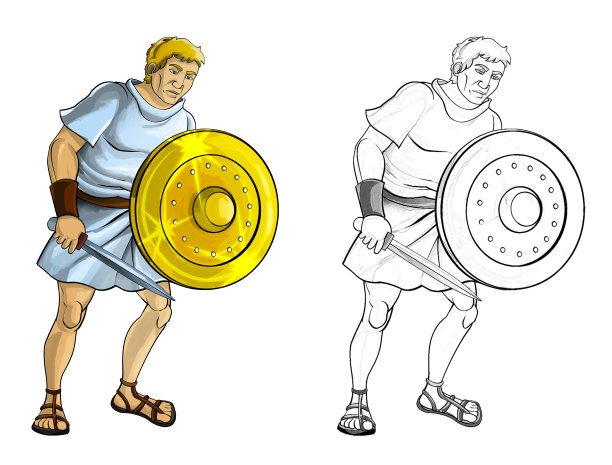 卡通素描场景与罗马或希腊古代人物的战士或角斗士在白色的背景-插图图片下载