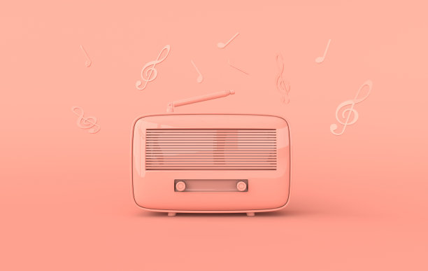 复古风格的收音机在讲台上。柔和的颜色。复古无线电逼真的3d渲染。音乐爱好者的简约背景图片下载